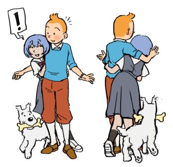 ! 1boy 1girl ayanami_rei blue_hair blue_shirt bone brown_pants brown_shoes commentary crossover dog dress english_commentary herge_(style) highres milou_(tintin) neon_genesis_evangelion nvi2762 orange_hair pants pinafore_dress school_uniform shirt shoes simple_background sleeveless sleeveless_dress smile spoken_exclamation_mark tintin tintin_(character) tokyo-3_middle_school_uniform watch white_background wristwatch