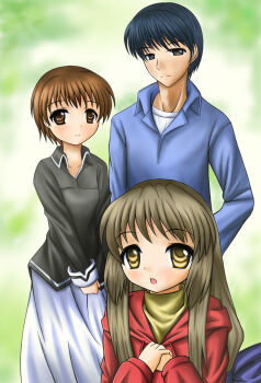 Rule 34 | 00s, 1boy, 2girls, bad anatomy, blue eyes, blue hair, brown eyes, brown hair, clannad, fujieda hiro, hood, hoodie, ibuki fuuko, ibuki kouko, long hair, multiple girls, poorly drawn, siblings, sisters, yoshino yuusuke