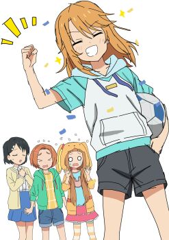 Rule 34 | > <, 4girls, ball, black hair, black shorts, blue shorts, brown hair, celebration, closed eyes, dot nose, flat chest, grin, happy, highres, holding, holding ball, holding football, hood, hood down, ichihara nina, idolmaster, idolmaster cinderella girls, idolmaster cinderella girls u149, long hair, multiple girls, orange hair, riokasen, ryuzaki kaoru, sad, sasaki chie, shirt, short hair, short shorts, short sleeves, shorts, simple background, smile, standing, tears, white background, yuuki haru