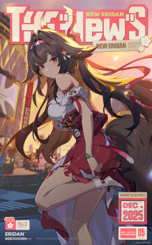 1girl animal_ears bag bare_shoulders breasts closed_mouth commentary_request cover fake_magazine_cover floating_hair fox_ears fox_girl hair_ornament hairband high_heels highres lace_socks long_hair long_skirt looking_at_viewer magazine_cover medium_breasts official_art red_bag red_eyes red_shoes red_skirt shoes short_sleeves shoulder_bag skirt smile socks solo standing standing_on_one_leg very_long_hair white_socks ye_shunguang ye_shunguang_(touch_of_dawnlight) zenless_zone_zero