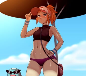 1girl :&lt; bag baseball_cap beach_umbrella between_breasts bikini blue_sky breasts day gen_1_pokemon gluteal_fold hand_on_own_hip hat highres kamina_shades lips medium_hair menoziriath navel nintendo nose orange_hair original outdoors poke_ball poke_ball_(basic) pokemon pokemon_(anime) pokemon_(creature) ponytail pun shade sky small_breasts solo_focus squirtle squirtle_squad standing stomach strap_between_breasts sunglasses swimsuit tankini thighs toned triangular_eyewear umbrella wristband
