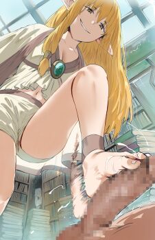 1boy 2girls :3 =_= absurdres barefoot brooch censored cloak commentary cum cum_on_body cum_on_feet elf english_commentary erection feet femdom foot_focus footjob frieren from_below grin hair_tubes hews highres indoors jewelry large_penis library long_hair looking_at_another low-tied_long_hair mosaic_censoring multiple_girls navel parted_lips penis pointy_ears serie_(sousou_no_frieren) smile solo_focus sousou_no_frieren stepped_on