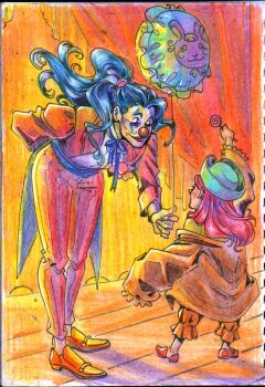 1boy 1girl balloon beard blue_hair buggy_the_clown commentary_request facial_hair full_body hair_tie hat highres holding holding_balloon jacket jewelry_bonney lovelowecraft makeup one_piece pants pink_hair ponytail red_lips red_nose shirt ukrainian_commentary white_shirt