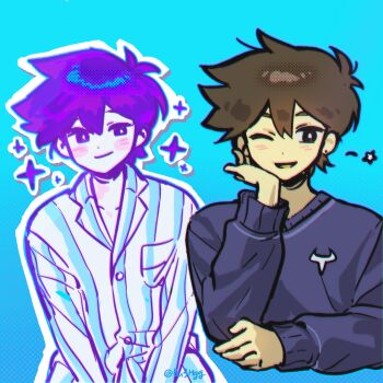 2boys antenna_hair artist_name black_eyes blue_background blue_pajamas blue_sweater blush bright_pupils brown_hair bu3hgg closed_mouth collarbone colored_skin commentary_request dark-skinned_male dark_skin double-parted_bangs ear_piercing hair_between_eyes hero_(faraway)_(omori) hero_(headspace)_(omori) hero_(omori) highres korean_commentary long_sleeves looking_at_viewer male_focus multiple_boys omori open_mouth pajamas piercing purple_eyes purple_hair short_hair smile striped_clothes striped_pajamas sweater twitter_username two-tone_pajamas vertical-striped_clothes vertical-striped_pajamas white_pajamas white_pupils white_skin