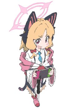 1girl animal_ear_headphones animal_ears blonde_hair blue_archive blue_necktie blush boots cat_ear_headphones cat_ears cat_tail collared_shirt fake_animal_ears game_console hair_ribbon halo headphones highres ilyichigo5280 momoi_(blue_archive) necktie pink_boots pink_eyes ribbon shirt tail white_background