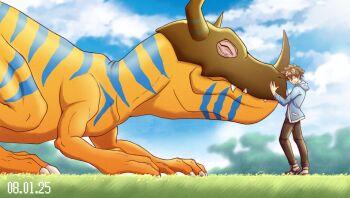 1boy blurry blurry_background brown_hair closed_eyes dated digimon digimon_(creature) digimon_adventure digimon_adventure_(1999_movie) digimon_day dinosaur falcon_(burbdoodles) goggles goggles_on_head greymon highres horns hug pants standing yagami_taichi