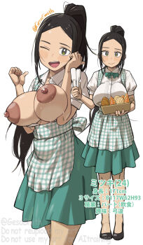 1girl black_hair breasts geso_smith green_eyes high_heels lactation large_breasts long_hair ponytail ribbon shirt skirt unbuttoned unbuttoned_shirt