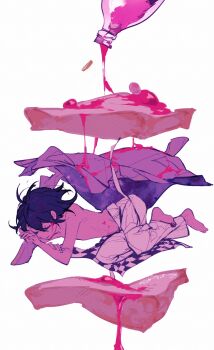 Rule 34 | 1boy, absurdres, barefoot, blood, checkered clothes, checkered scarf, closed eyes, commentary, danganronpa (series), danganronpa v3: killing harmony, flipped hair, hair between eyes, highres, implied death, jacket, male focus, oma kokichi, pink blood, pink theme, purple hair, scarf, short hair, smile, solo, spilling, surreal, threecupsofdog, topless male, unworn jacket, unworn scarf, white background