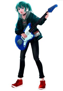 1girl black_choker black_jacket black_pants blue_eyes blue_hair choker commentary_request cosplay electric_guitar full_body girls_band_cry grey_hoodie guitar hatsune_miku highres hood hoodie instrument jacket jewelry kawaragi_momoka kawaragi_momoka_(cosplay) long_hair multicolored_hair music necklace open_mouth pants playing_guitar playing_instrument red_shoes roots_(hair) shoes simple_background soko_kikuchi solo standing twintails vocaloid white_background