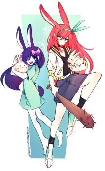 Rule 34 | +++, 2girls, ;d, anger vein, animal, animal ears, ankle socks, annoyed, aubrey (faraway) (omori), aubrey (headspace) (omori), aubrey (omori), back-to-back, bare arms, bare legs, barefoot, baseball bat, black eyes, black sailor collar, black shirt, black socks, blue background, blush, border, bow, bow hairband, bright pupils, bun-bun (omori), closed mouth, collarbone, colored skin, commentary, denim, denim skirt, double-parted bangs, dress, dual persona, english commentary, forest bunny (omori), frown, full body, green dress, green eyes, green hairband, green shoes, hair between eyes, hair bow, hairband, hands up, highres, holding, holding animal, holding baseball bat, holding rabbit, jacket, k0re drawings, kemonomimi mode, knee up, long hair, medium skirt, multiple girls, nail (hardware), nail bat, omori, one eye closed, open clothes, open jacket, open mouth, outside border, pale skin, pink bow, pink hair, plantar flexion, puffy sleeves, purple hair, purple skirt, rabbit, rabbit ears, rabbit girl, rabbit tail, round teeth, sailor collar, shirt, shoes, short dress, short sleeves, sidelocks, simple background, skirt, smile, socks, standing, standing on one leg, straight hair, tail, tareme, teeth, three-quarter sleeves, tongue, tsurime, twitter username, upper teeth only, v-shaped eyebrows, very long hair, white border, white jacket, white pupils, white rabbit (animal), white skin