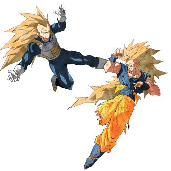 Rule 34 | 2boys, absurdres, battle, blocking, blonde hair, blue bodysuit, blue boots, blue eyes, blue shirt, bodysuit, boots, closed mouth, commentary, dougi, dragon ball, dragonball z, flying kick, gloves, highres, kicking, long hair, looking at another, male focus, multiple boys, muscular, muscular male, no eyebrows, orange pants, pants, pato007711, saiyan armor, scratches, shirt, simple background, smile, son goku, spiked hair, super saiyan, super saiyan 3, torn clothes, torn pants, torn shirt, vegeta, very long hair, white background, white boots, white gloves, wristband