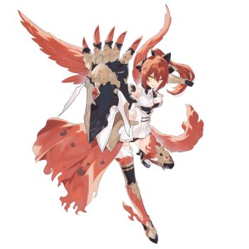 1girl animal_ears arcanadea bird_wings black_panties boots charmed claws dress full_body gauntlets hand_up high_heel_boots high_heels kotobukiya long_hair necomi official_art panties ponytail red_hair second-party_source simple_background sleeveless sleeveless_dress smile solo standing standing_on_one_leg tachi-e tail thigh_boots thighhighs transparent_background underwear wings yellow_eyes zettai_ryouiki