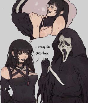 1boy 1girl absurdres belt black_choker black_gloves black_hair black_hood black_lips black_nails breasts choker ear_piercing earrings face_piercing fishnet_top fishnets ghostface gloves goth_fashion grey_background highres holding holding_knife hood imagining jewelry knife large_breasts lip_piercing lip_ring long_hair makeup mask necklace nose_piercing nose_ring pendant_choker piercing runny_makeup scream_(movie) smile speech_bubble strangling thought_bubble topless_female yellow_eyes yoracrab