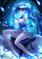 Rule 34 | 1girl, absurdres, armpit crease, azur lane, bare shoulders, black footwear, black hair, blue eyes, blue hair, blue nails, blue ribbon, breasts, cheshire (azur lane), cheshire (the cat and the white steed) (azur lane), dress, flower, forest, hair ribbon, hand fan, hands up, hat, high heels, highres, holding, holding fan, horse, large breasts, looking at viewer, manjuu (azur lane), multicolored hair, nature, official alternate costume, open mouth, panties, revealing clothes, ribbon, short hair, sitting, streaked hair, underwear, white dress, white flower, white hat, white horse, white panties, yijiufantexi