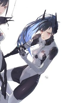 2girls absurdres blue_hair breasts douibotan groin_tendon highres long_hair looking_at_viewer multiple_girls open_mouth original ponytail red_eyes robot_girl small_breasts teeth