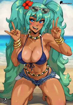 1girl \n/ abs absurdres anklet aqua_hair areola_slip arms_up artist_name barefoot beach bead_necklace beads belly_chain bikini bikini_under_clothes blue_bikini blue_eyes blue_sky bracelet brazilian_miku commentary covered_erect_nipples cutoffs day denim denim_shorts eyewear_on_head flower front-tie_bikini_top front-tie_top green_nails hair_flower hair_ornament hatsune_miku highres jewelry kneeling kyoffie long_hair looking_at_viewer multiple_bracelets necklace open_fly open_mouth outdoors patreon_logo patreon_username red_flower short_shorts shorts sky smile solo sunglasses swimsuit twintails v very_long_hair vocaloid white-framed_eyewear yellow_nails