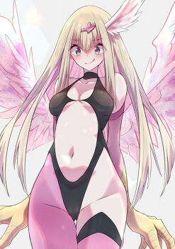 Rule 34 | bare shoulders, black one-piece swimsuit, blonde hair, blush, breasts, collarbone, duel monster, feathered wings, green eyes, harpie girl (yu-gi-oh!), head wings, heart, highres, long hair, mosui (kori can), multiple wings, navel, one-piece swimsuit, pantyhose, pink pantyhose, pink thighhighs, pink wings, simple background, single leg pantyhose, single thighhigh, smile, swimsuit, talons, thighhighs, tongue, tongue out, white background, wings, yu-gi-oh!