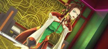 1girl arm_support artist_request bangs_pinned_back bodysuit bodysuit_under_clothes breasts brown_hair chair chinese_clothes clothing_cutout code_geass code_geass:_lost_stories collarbone covered_navel earpiece female_focus forehead game_cg green_bodysuit green_eyes hair_tie hair_tubes highres indoors leaning_forward long_hair long_sleeves medium_breasts monitor non-web_source official_art open_mouth quad_tails shrug_(clothing) skin_tight solo standing teeth v-shaped_eyebrows zhou_xianglin