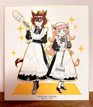 2girls :d agnes_digital_(umamusume) agnes_tachyon_(umamusume) ahoge alternate_costume animal_ears apron artist_name black_bow black_dress black_shoes blue_eyes boots bow bowtie broom brown_boots brown_hair commentary_request dated dress drooling duster earrings enmaided full_body hair_between_eyes hair_bow hand_up hat highres holding holding_broom holding_duster horse_ears horse_girl horse_tail huge_ahoge jewelry juliet_sleeves lace-up_boots long_hair long_sleeves looking_at_viewer maid maid_apron marker_(medium) medium_hair mob_cap mouth_drool multiple_girls necktie open_mouth outline pink_hair puffy_sleeves red_eyes shikishi shoes short_necktie single_earring smile sparkle sparkling_aura standing tail traditional_media two_side_up umamusume white_apron white_hat yellow_outline yokuko_zaza