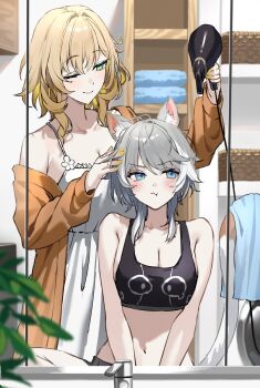 2girls aglaea_(honkai:_star_rail) alternate_costume animal_ear_fluff black_tank_top blonde_hair blue_eyes breasts cat_girl cipher_(honkai:_star_rail) cleavage commentary_request dress flower green_eyes grey_hair hair_dryer hashtag-only_commentary highres honkai:_star_rail honkai_(series) indoors leaf light_blush medium_breasts multiple_girls nao_(naoooo_a) off_shoulder one_eye_closed reflection short_hair tank_top towel white_dress white_streaks yellow_nails