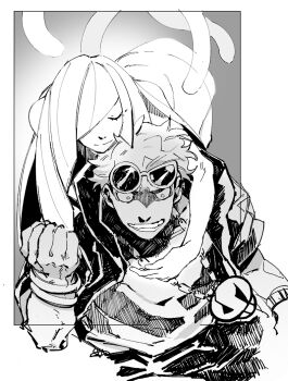 1boy 1girl arm_around_neck asymmetrical_bangs asymmetrical_eyewear bare_arms blunt_bangs blunt_ends bracelet cat_tail clenched_hand closed_eyes closed_mouth cropped_torso dark-skinned_male dark_skin dress eyelashes eyewear_on_head grin guzma_(pokemon) hair_over_one_eye hood hood_down hooded_jacket jacket jewelry leaning_forward long_hair lusamine_(pokemon) multiple_bracelets multiple_tails necklace nintendo pokemon pokemon_sm round_eyewear shirt short_hair short_sleeves skull_necklace smile straight_hair sunglasses sunma_(sun_ma_01) tail triangular_eyewear two_tails very_long_hair white_background