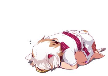 1girl absurdres animal_ears bare_legs barefoot brown_hair brown_tail cat_ears cat_girl cat_tail coin commentary_request full_body gold goutokuji_mike highres kanisawa_yuuki koban_(gold) multicolored_shirt multicolored_shorts multicolored_tail orange_hair orange_tail patchwork_clothes puffy_short_sleeves puffy_sleeves shirt short_hair short_sleeves shorts simple_background sleeping solo tail touhou white_background white_hair white_shirt white_shorts white_tail zzz