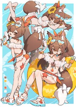 1girl absurdres animal_ears ass barefoot bikini blue_nails blush brown_eyes brown_hair commission crossed_arms eyewear_on_head fang food fox_ears fox_girl fox_tail hair_ribbon heart heart-shaped_eyewear highres holding holding_food holding_popsicle holding_water_gun long_hair looking_at_viewer multicolored_nails navel on_innertube one_eye_closed open_mouth orange_nails orange_ribbon original ponytail popsicle ribbon sandals skeb_commission smile solo sunglasses swimsuit tail water_gun white-framed_eyewear white_bikini white_sandals zizi_niisan