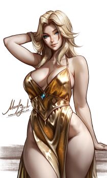 1girl absurdres alternate_costume arm_behind_back arm_behind_head arm_support arm_up artist_name bare_arms blonde_hair blue_eyes blue_gemstone bottomless breasts cleavage closed_mouth collarbone commentary cowboy_shot curtained_hair dress english_commentary fantastic_four forehead gem gold_dress highres large_breasts long_hair looking_at_viewer marvel marvel_rivals moonlen-jack nose parted_hair side_slit sideboob solo sparkle sue_storm thighs v-shaped_eyebrows watermark web_address white_background