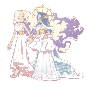 Rule 34 | 2girls, :d, \||/, absurdly long hair, absurdres, arms at sides, bare arms, bare shoulders, belt, blonde hair, blue eyes, blue hair, blush, bracelet, breasts, brown shoes, cleavage, colored eyelashes, colored inner hair, commentary, cookie run, cookie run: kingdom, crescent, dress, eye contact, floating hair, forehead jewel, frilled dress, frills, full body, gold belt, gold bracelet, grin, hair ornament, hair over one eye, high heels, highres, holding hands, humanization, jewelry, liquid hair, long dress, long hair, looking at another, moonlight cookie, moonlight cookie (crescent guardian), multicolored hair, multiple girls, no sclera, nose blush, off-shoulder dress, off shoulder, official alternate costume, official alternate hair color, one eye covered, open-toe shoes, open mouth, purple eyes, purple hair, rude rudy, sea fairy cookie, sea fairy cookie (rippling moonlight), see-through clothes, see-through dress, shoes, short sleeves, simple background, sleeveless, sleeveless dress, small breasts, smile, sparkle, standing, star (symbol), star hair ornament, symbol-only commentary, two-tone hair, very long hair, white background, white dress, white eyelashes, white shoes, yellow belt
