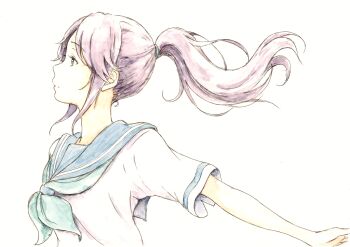 1girl absurdres arms_at_sides bbmasa blue_eyes blue_neckerchief blue_sailor_collar closed_mouth commentary_request from_side hibike!_euphonium highres kasaki_nozomi kitauji_high_school_uniform liz_to_aoi_tori long_hair neckerchief ponytail profile purple_hair sailor_collar school_uniform shirt short_sleeves simple_background solo summer_uniform traditional_media upper_body white_background white_shirt