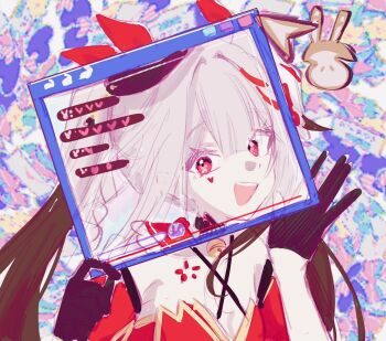 Rule 34 | 1girl, :d, bell, brown hair, commentary, detached sleeves, facial mark, gloves, hashtag-only commentary, highres, holding, honkai: star rail, honkai (series), mi (27782900), open mouth, pink eyes, ribbon, screen, smile, sparkle (honkai: star rail), sparxie (honkai: star rail), strap, symbol-only commentary, teeth, twintails, upper teeth only, waving, white hair