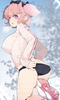 1girl ass black_buruma bow breasts buruma commentary_request covered_erect_nipples hair_bow hibari_(senran_kagura) highres jacket kinako_(mzknk0) large_breasts medium_hair multiple_hair_bows pink_hair pink_shoes senran_kagura shoes solo symbol-shaped_pupils track_jacket tree