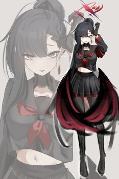 Rule 34 | 1girl, absurdres, alternate costume, alternate hairstyle, black gloves, black hair, black serafuku, black wings, blue archive, blue eyes, blush, commentary, feathered wings, full body, gloves, hair ornament, hairclip, halo, highres, ichika (blue archive), long hair, long sleeves, looking at viewer, low wings, mira mira mira, multiple views, navel, pantyhose, red halo, school uniform, serafuku, skirt, wings