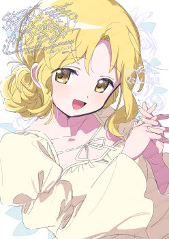 1girl :d alternate_hairstyle blonde_hair blush collarbone dress hands_up highres interlocked_fingers long_sleeves looking_at_viewer mahou_shoujo_madoka_magica mahou_shoujo_madoka_magica_(anime) medium_hair open_mouth own_hands_together parted_bangs serizawa_serizane smile solo tomoe_mami upper_body watermark white_background wide_sleeves yellow_dress yellow_eyes
