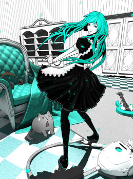 1girl 3d alternate_costume aqua_eyes aqua_hair armchair arsenixc artist_self-insert bad_id bad_pixiv_id cat chair enmaided fictional_persona gloves guitar hatsune_miku headphones headphones_removed highres instrument lipstick long_hair maid makeup monochrome o_o pantyhose spot_color strat_(guitar) sweatdrop vacuum_cleaner vocaloid