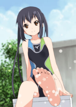 1girl arm_support barefoot black_hair brown_eyes competition_swimsuit day errant feet female_focus foreshortening k-on! long_hair mizuno_(brand) nakano_azusa one-piece_swimsuit pov sitting smile soles solo splashing swimsuit twintails
