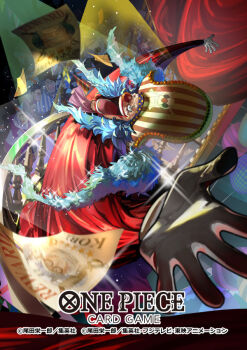 1girl 6+boys alvida_(one_piece) arm_up ascot blue_hair buggy_the_clown cabaji commentary_request copyright_name flying_paper glint gloves hat lion long_hair looking_up makeup male_focus matsumoto_akira mohji_(one_piece) multiple_boys official_art one_piece one_piece_card_game open_mouth paper pink_ascot pirate_hat red_lips red_nose richie_(one_piece) scarf white_gloves