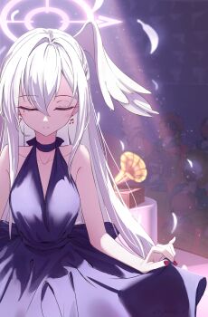 6+girls absurdres alternate_costume audience beamed_eighth_notes blue_archive bound breasts closed_eyes commentary_request dress falling_feathers feathers forced hair_between_eyes halo halterneck head_wings helmet_gang_officer_(blue_archive) helmet_gangster_(blue_archive) highres labor_captain_(blue_archive) light_particles light_rays light_smile long_hair mole mole_under_eye multiple_girls musical_note phonograph piercing purple_nails s_panda_k single_head_wing sleeveless sleeveless_dress small_breasts solo_focus stage sukeban_(mg)_(blue_archive) sukeban_(smg)_(blue_archive) suzumi_(blue_archive) tied_up_(nonsexual) when_you_see_it white_hair wings x_x