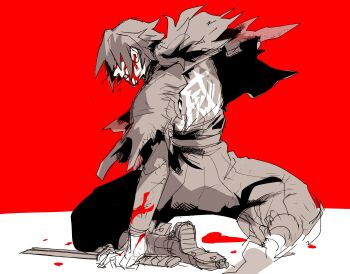 1boy blood clenched_teeth clothes_writing commentary_request covered_eyes demon_slayer_uniform from_behind full_body haori highres holding holding_sword holding_weapon jacket japanese_clothes katana kimetsu_no_yaiba long_hair male_focus pants partially_colored profile red_background simple_background sketch solo spiked_hair sword tatao_1698 teeth tomioka_giyuu torn_clothes two-tone_background weapon white_background