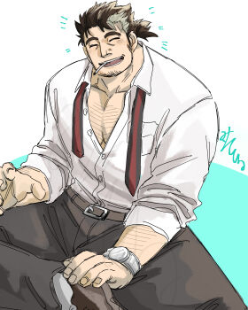Rule 34 | 1boy, ^ ^, bara, brown hair, chest hair, cigarette, closed eyes, commentary request, facial hair, facing viewer, feet out of frame, goatee stubble, hairy, happy aura, head tilt, highres, large pectorals, male focus, mature male, mononobe kyoma, multicolored hair, muscular, muscular male, nameko no misoshiru, necktie, pants, pectoral cleavage, pectorals, short hair, sitting, smile, solo, streaked hair, stubble, thick eyebrows, tokyo houkago summoners, undone necktie, watch, white hair, wristwatch