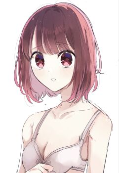 1girl arima_kana blush bra breasts cleavage commentary highres looking_at_viewer medium_breasts open_mouth oshi_no_ko red_eyes red_hair risdelusions short_hair simple_background solo symbol-only_commentary underwear upper_body white_background white_bra