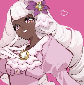 1girl absurdres ascot brooch dark-skinned_female dark_skin dress fascinator finger_to_cheek frilled_ascot frills gem glint gloves hair_ornament hand_up heart highres io_shina03 jacinthe_(pokemon) jewelry juliet_sleeves long_hair long_sleeves looking_at_viewer low_drills mega_stone nintendo parted_lips pink_background pokemon pokemon_legends:_z-a puffy_sleeves purple_dress purple_eyes purple_hair smile solo upper_body very_dark_skin