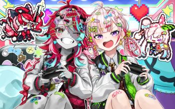 2girls airani_iofifteen bandaid bandaid_on_finger bandaid_on_hand bandaid_on_knee bandaid_on_leg black_bow black_nails blue_bow blue_hair bow braid colored_skin controller crescent crescent_earrings earrings facial_mark game_controller green_bow grey_hair grey_skin hair_bow hair_ornament hairclip hairpin heart heart_facial_mark heart_hair_ornament highres holding holding_controller holding_game_controller hololive hololive_indonesia jewelry kureiji_ollie long_sleeves multicolored_hair multiple_girls name_tag_hair_ornament one_eye_closed open_mouth oyu_(oy234u) pink_bow pink_hair pixel_art purple_eyes red_hair shirt star_(symbol) star_hair_ornament stitched_face stitches streaked_hair striped_bow virtual_youtuber white_shirt zombie