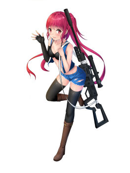 1girl absurdres black_bra black_gloves black_thighhighs boots bra breasts brown_boots denim denim_shorts elbow_gloves female_focus fingerless_gloves full_body gloves gun highres long_hair looking_at_viewer midriff nyanyang original pink_hair short_shorts shorts single_glove small_breasts sniper solo standing standing_on_one_leg thighhighs torn_clothes underwear very_long_hair weapon
