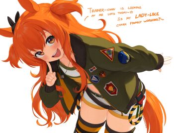 1girl animal_ears belt bomber_jacket bow brown_ribbon dog_tags ear_bow ear_ribbon english_text green_belt green_jacket highres horse_ears horse_girl horse_tail jacket leaning_forward long_hair mayano_top_gun_(scramble_zone)_(umamusume) mayano_top_gun_(umamusume) open_mouth orange_eyes orange_hair orange_tail pointing pointing_at_self ribbon shirt shorts solo tail two_side_up umamusume white_shorts yoako