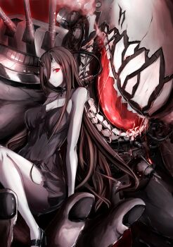 10s 1girl 8gou abyssal_ship battleship_princess black_dress black_hair breasts breath collar colored_skin dress grey_skin hair_over_one_eye high_heels highres horns in_palm kantai_collection large_breasts long_hair open_mouth plug red_eyes short_dress sitting skin-covered_horns spaghetti_strap teeth white_skin