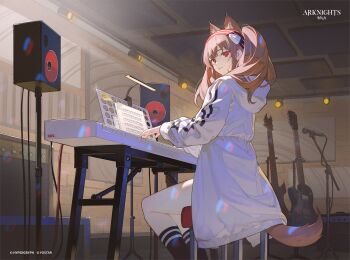 1girl amplifier angelina_(arknights) animal_ear_fluff animal_ears arknights black_socks brown_hair coat commentary copyright_name copyright_notice electric_guitar english_commentary extra_ears film_grain fox_ears fox_girl fox_tail guitar guitar_stand hairband highres hood hood_down hooded_coat indoors instrument keyboard_(instrument) kneehighs light_particles long_hair long_sleeves looking_at_viewer medium_hair microphone microphone_stand multicolored_hairband music_stand official_art open_clothes open_coat piano_bench playing_instrument playing_piano recording_studio red_eyes red_hairband sheet_music sitting smile socks solo speaker sticky_note striped_clothes striped_hairband studio studio_lights tail timbougami twintails two-tone_hairband white_coat
