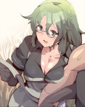 1boy 1girl aged_up black_hair blush breast_press breasts cleavage commentary glasses gloves green_eyes green_hair highres jacket kaban_(kemono_friends) kemono_friends kemono_friends_2 large_breasts locked_arms long_hair looking_at_object merge messy_hair mirai_(kemono_friends) multicolored_hair open_mouth paper riri_(dgra3272) semi-rimless_eyewear side-by-side sidelocks smile sweat