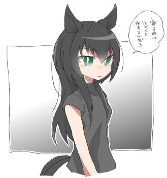 Rule 34 | 1girl, animal ears, beer hsk, black shirt, commentary request, gradient background, green eyes, grey background, hair between eyes, hair down, horse ears, horse girl, horse tail, kin'iro ryotei (umamusume), long hair, outline, parted lips, shirt, short sleeves, solo, tail, translation request, umamusume, very long hair, white background, white outline