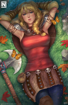 1girl absurdres armor armpits arms_behind_head artist_logo astrid_hofferson axe blonde_hair blue_eyes blue_pants breasts bug butterfly deviantart_username fur_(clothing) fur_skirt grass highres how_to_train_your_dragon_(series) how_to_train_your_dragon_2 insect leaf leather leather_skirt logo looking_at_viewer lying maple_leaf medium_breasts nopeys on_back on_ground orange_butterfly pants pauldrons ponytail red_shirt rock shirt shoulder_armor signature skirt sleeveless sleeveless_shirt solo spiked_skirt viking watermark web_address